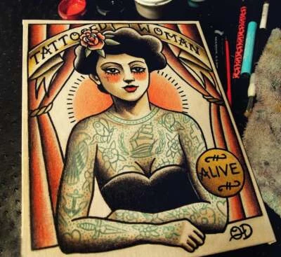 SIDESHOW prints by Parlor Tattoo Tattooed Woman Strong Man Flash Circus Freaks - Image 1 of 3