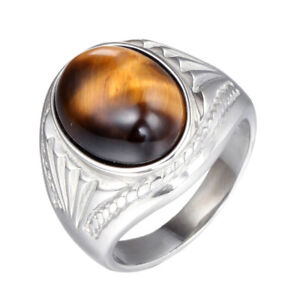 Mens Stainless Steel Gold Natural Oval Tiger Eye Stone Ring Men Size 7-13 Gift