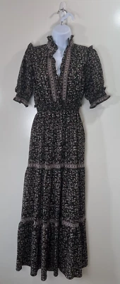 Max Studio Damen Maxikleid Gr.XS schwarz Blumen Rüschen Stufen dunkel Fee Landhaus - Bild 1 von 4