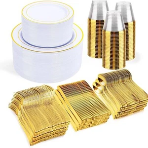 600 Pcs Gold Disposable Plates for 100 Guests, Plastic Plates for Party - Picture 1 of 6