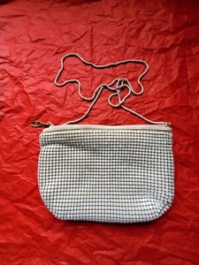 Vintage 80s metallic mesh shoulder Purse white w/ original chain  - Picture 1 of 12