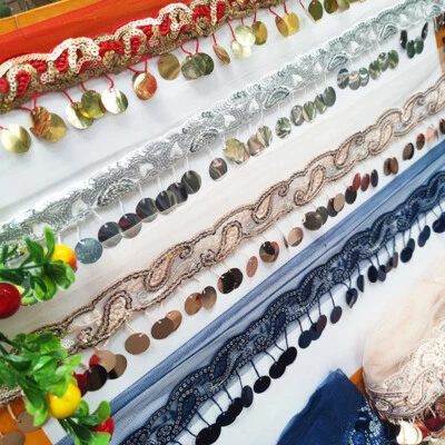 2 Yards 6cm Sequins Tassel Edge Fringe Trim Ribbon Fabric Sewing Craft Fabric - Image 1 of 4