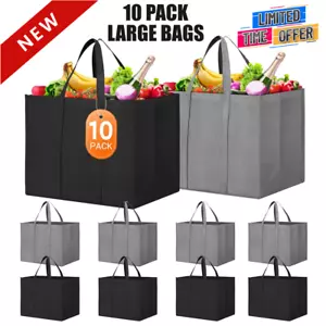 Reusable Grocery Shopping Bags 10 Pack Large Foldable Tote Bag Bulk Grey & Black - Picture 1 of 7