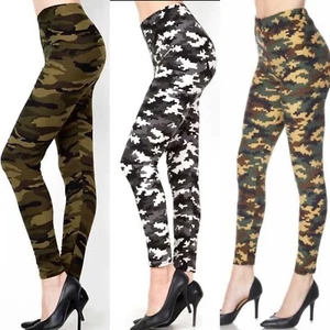 3 Women's Printed Pixel Camouflage Soft Comfy Full Leggings Ankle One Size - Picture 1 of 20