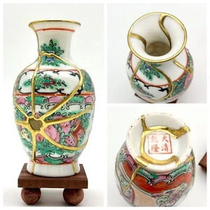 Kintsugi Vase Chinese Famille Rose Geisha Gold Crack Art Personal Growth Gift - Picture 1 of 13