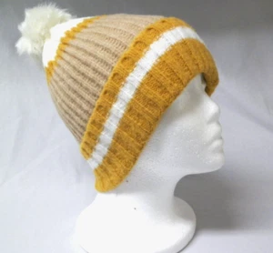 Knit Hat Beanie Toboggan Toque Winter Puff Ball Hat Yellow White Tan New w/Tags - Picture 1 of 8