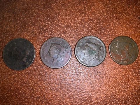 Lot of 4 Vintage US Cents- 1827, 1836, 1838, 1846-3 Coronet Head, 1 Braided Hair Cover