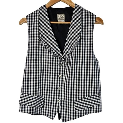Chaleco de guinga vintage para mujer talla 12 negro blanco botón años 90 Preppy Coquette Fray Foto 1 de 4