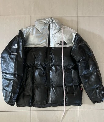 RARE The North Face X Supreme Leather Nuptse Puffer Jacket Black Silver Medium M — 第 1/4 张图片