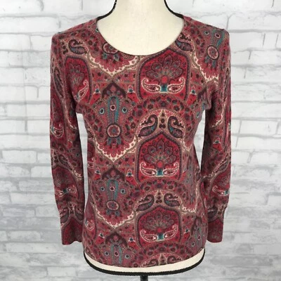 Talbots 100% 美利奴羊毛套衫毛衣 S/M 花卉/佩斯利圆领 — 第 1/4 张图片