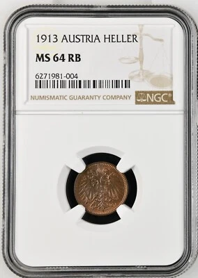 Austria 1 Heller 1913 NGC MS64 RB, Emperor Franz Joseph I - Image 1 of 4