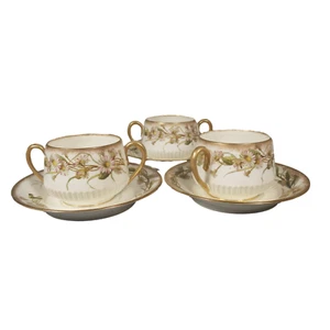 George Jones Crescent China Bouillon Soup Cup Saucer 3 Set - HP Daisy Flowers - Picture 1 of 15
