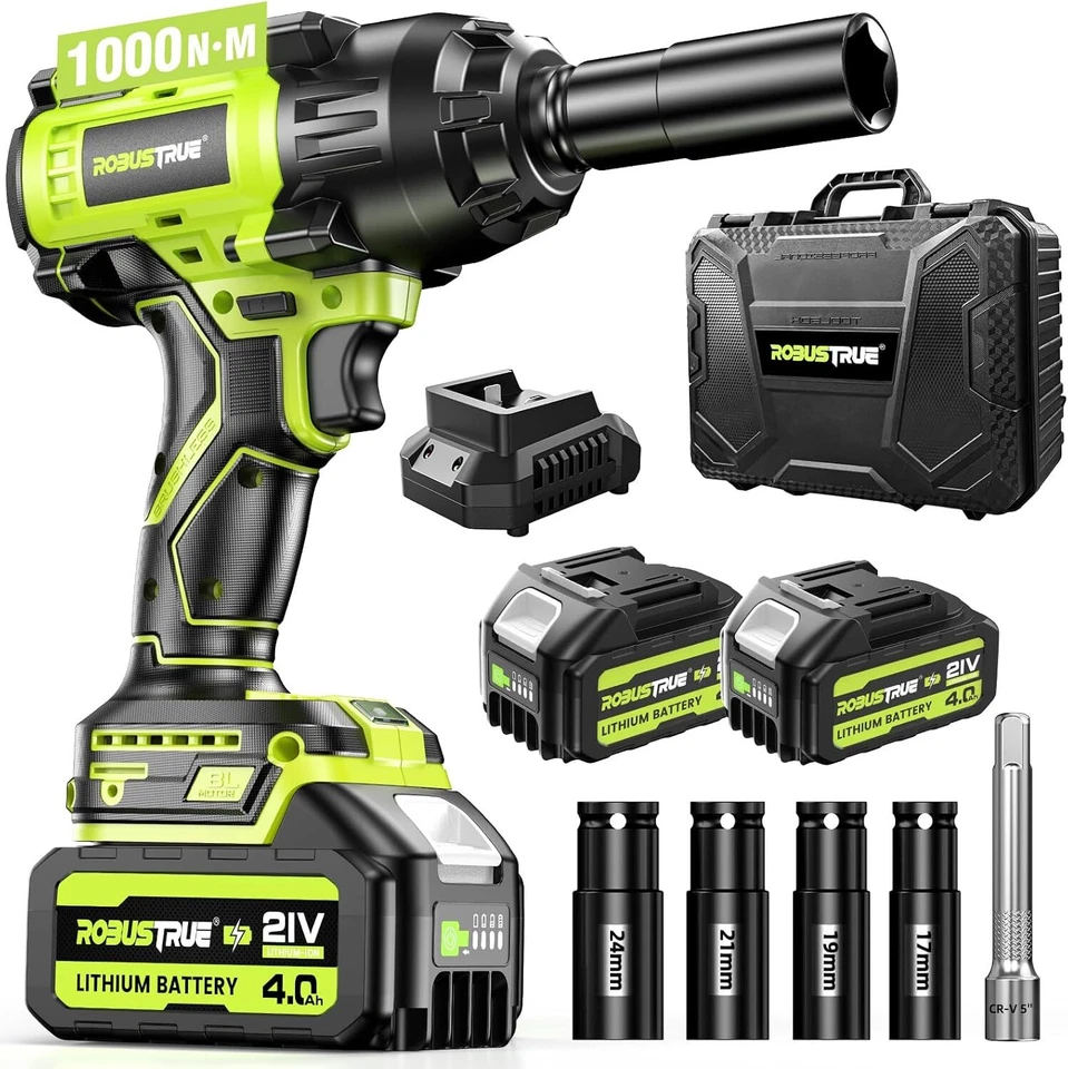 MARKENLOS Robustrue 1/2" 1000N.m Cordless Impact Wrench 2x4.0Ah Batteries w/ Fast Charger