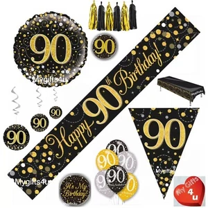 Black 90th & Happy Birthday Party Decorations Buntings Balloons Gold Banners Age - Picture 1 of 21