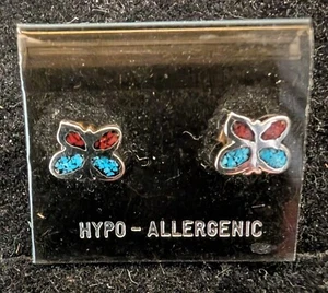 Earring Turquoise and Coral Chip Inlay Butterfly Nickel Silver Post Earrings - Picture 1 of 2