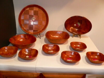 Vtg Parquet Salad Bowl Woven Bamboo Wood 10 Piece New Set MCM Retro - Image 1 of 4