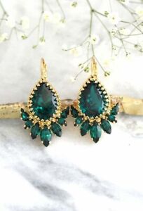 New 4 Ct Pear Simulated Emerald Women's Earring's 14K Yellow Gold Plated Silver