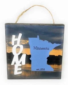 HOME MINNESOTA est. 1858 6"x6"x1" Lake Sunset Wood Sign for Wall or Shelf - Picture 1 of 5