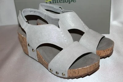 NEW! NIB! ANTELOPE Metallic Platinum Suede PEEK Cork Wedge Sandals Sz EU37 $149 - Image 1 of 4