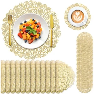 24 Pcs Round Pressed Vinyl Placemats Gold Placemat Coaster Set Metallic Place... - Picture 1 of 7