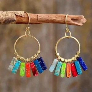 Natural Stone Earrings Women Bead Tassel Ring Ear Hook Drop Dangle Gift - Picture 1 of 2
