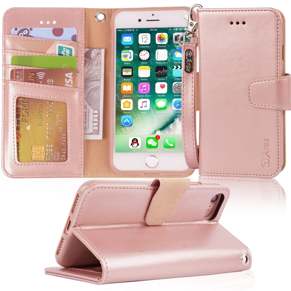Arae iPhone 7 Wallet Case With Kickstand and Flip Cover