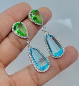 Blue Topaz & Peridot Gemstone 925 Sterling Silver Handmade Earring 2.03" E5 - Picture 1 of 3