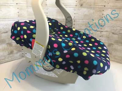 Infant Car Seat Carrier Cover New Handmade Fleece Navy Blue w/Colorful Dots - Image 1 of 2