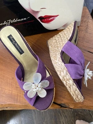 Beverly Feldman Women's Espadrille Wedge Slip On Flower Sandals Size 7M Purple - Image 1 of 4