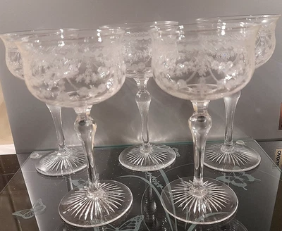 FIVE BEAUTIFUL ELEGANT BOHEMIA CRYSTAL NEEDLE ETCHED CHAMPAGNE/COCKTAIL GLASSES - image 1 of 4