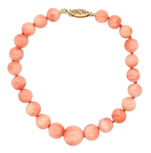 7mm-10mm Genuine Natural Coral Bead Bracelet w/14k Gold Fits 6 3/4" Wrist #J7332 - Picture 1 of 9