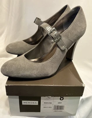 Zapatos de tacón MERONA MARYLYNN gris gamuza 3,5" correa al tobillo talla 8 Foto 1 de 4