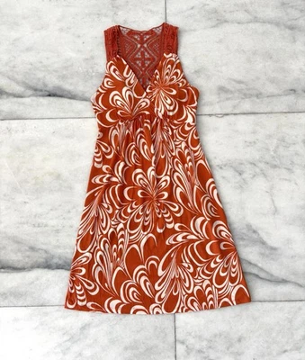 ELLE Dress Orange White Print Crochet Cotton Modal Empire Waist Womens S Boho Foto 1 de 4