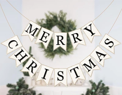 2Pcs Christmas Burlap Banner Felt Merry Christmas Banner Black White Pre-Assembl - Image 1 of 4