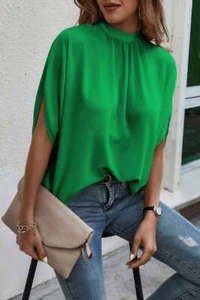 Mock Neck Batwing Sleeve Solid Loose Blouse - Picture 1 of 30