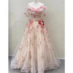 Vestido de Baile de Noche Rosa Malla Tul Vestidos de Noche Vestido de Boda Hombro Descubierto=-= - Imagen 1 de 14