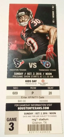 2016 Tennessee Titans Houston Texans NFL Football Ticket Stub Cover