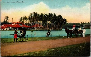 Vtg Colombo Ceylon Lake Road Sri Lanka Horse Drawn Carraige Rickshaw Postcard - Picture 1 of 2