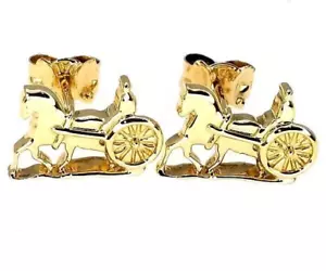 Celine 18K Yellow Gold Carriage Motif Stud Earrings W/Celine Logo Shape *Vtl882 - Picture 1 of 5