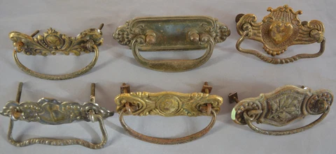 ANTIQUE MIXED LOT 6 DRESSER DRAWER CAST BAIL PULLS + BRASS BACK PLATES (X13) Cover