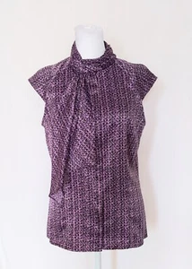 Worthington Print Cap Sleeve Jabot Ruffle Collar Career Blouse Purple Size Small - Picture 1 of 8
