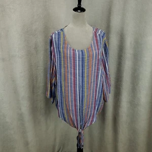Tea Rose Blouse Womens 3X Multicolor Striped Popover Lightweight Tie Front Top - Picture 1 of 11