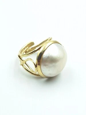 Anello Artigianale Da Donna In Argento 925 Perla 17 MM Australiana Oro Giallo  - Immagine 1 di 4