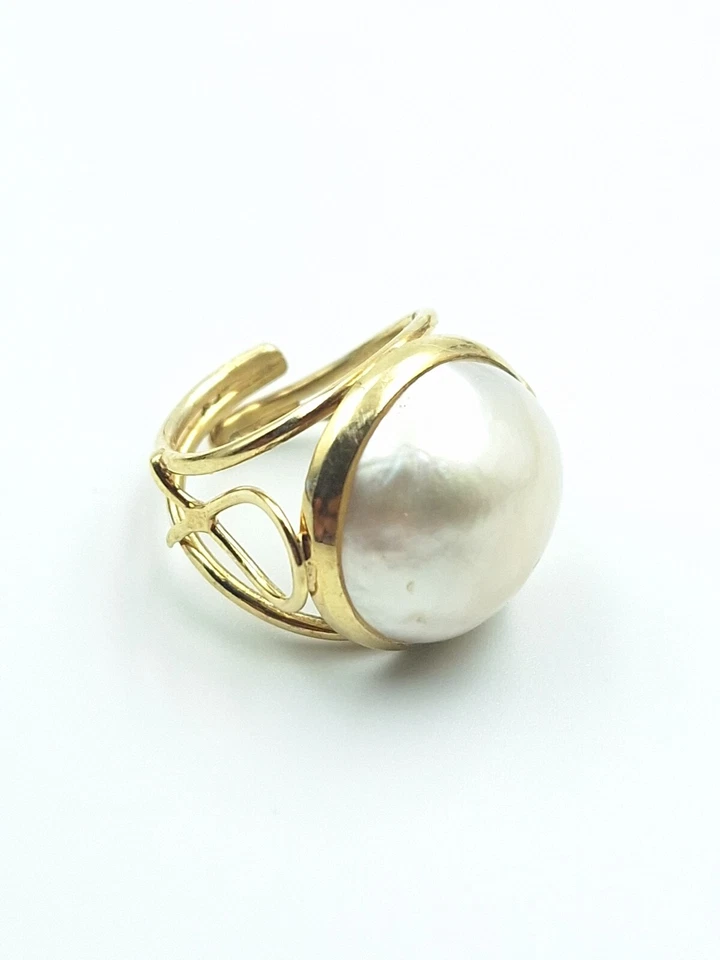 Anello Artigianale Da Donna In Argento 925 Perla 17 MM Australiana Oro Giallo  - Immagine 1 di 4