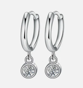 925 STERLING SILVER ROUND DOT HUGGIE HOOP EARRINGS, LAB CREATED DIAMOND,GIFT BAG - Picture 1 of 3