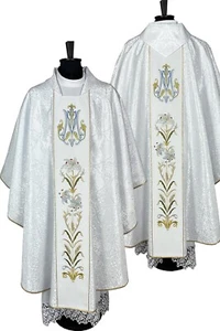 CASULA MARIANA paramento stile gotico, ricamato, tessuto damascato - Foto 1 di 5