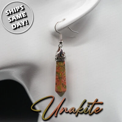 Unakite Crystal Point Teardrop Earrings Silver Fashion Jewelry Pink Green Stone - Image 1 of 4