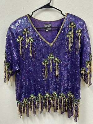 半大号丝绸衬里亮片 V 领衬衫 L 码阅读(有缺陷) — 第 1/4 张图片