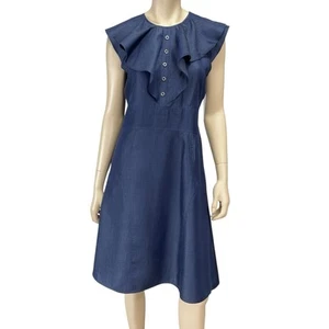 Abito Nanette Lepore Donna 6 Blu Chambray A-Line Increspato Lunghezza Ginocchio Nuovo senza etichette - Foto 1 di 16