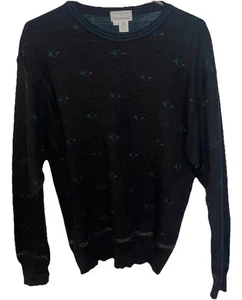 Vtg Tricots St Raphael Mens Sweater Large Black Green Pure Wool Grandpa Core d4 - Picture 1 of 9